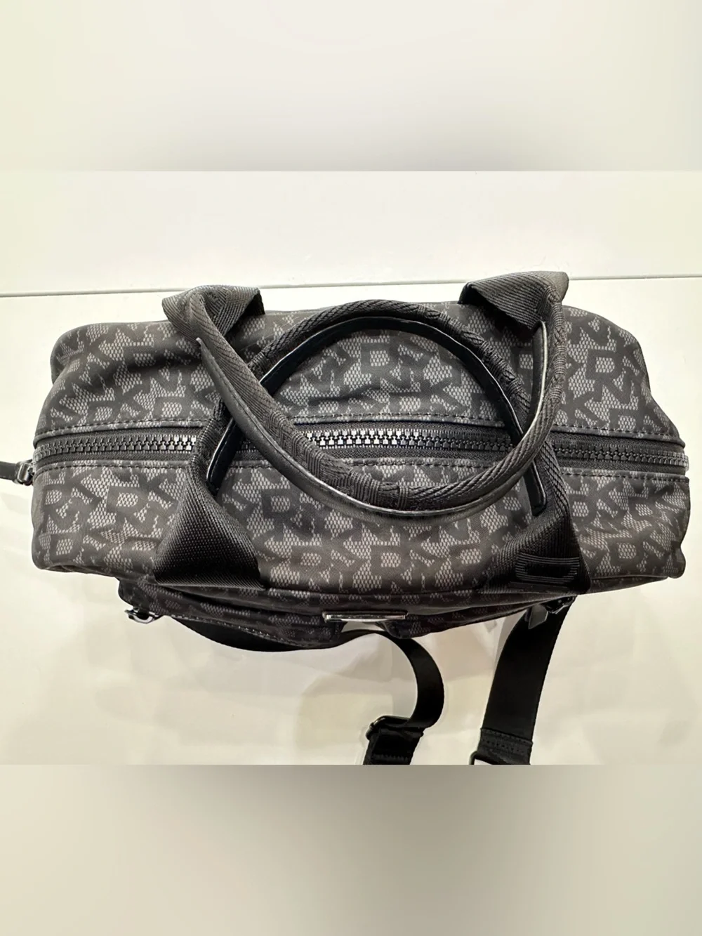 DKNY Damian Satchel Black Grey Monogram Crossbody Bag Utility Tote EUC